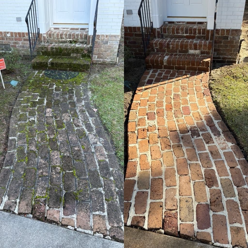 walkway before and after pressure washing